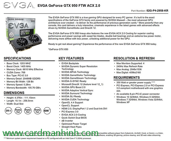 Thông số EVGA GeForce GTX 950 FTW